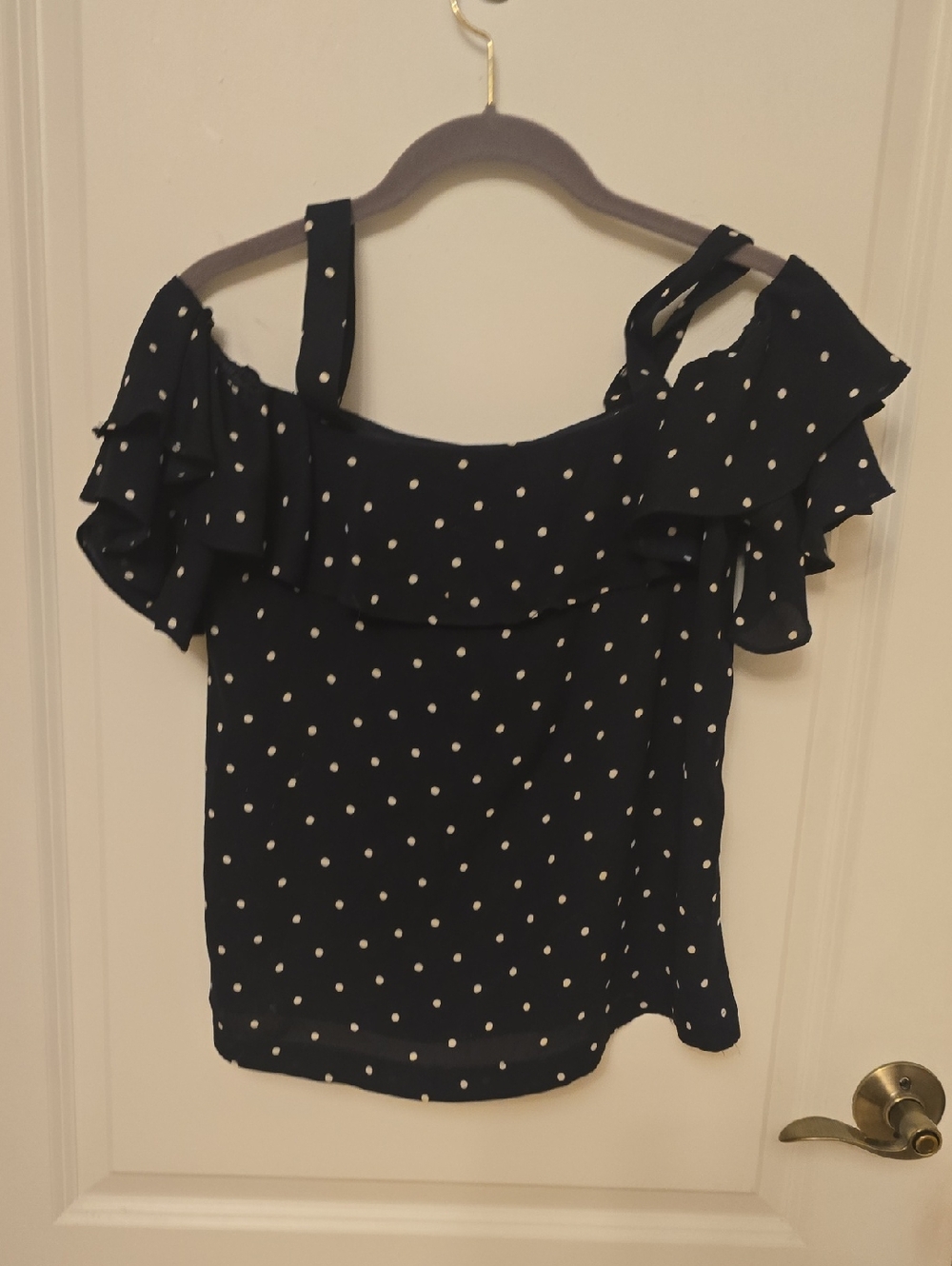 J. Crew Navy and White Polka Dot Ruffle Strap Camisole